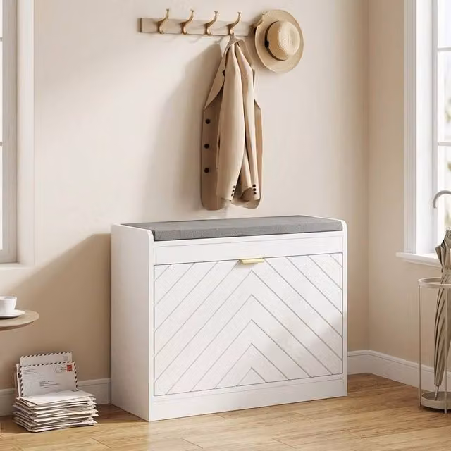 STILVORA Modern Shoe Bench with Fabric Seat and Flip Drawer in White and Gold