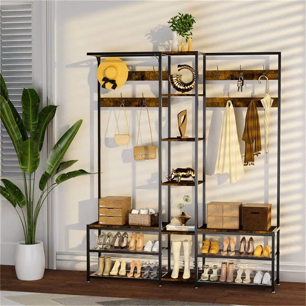 KORVIXA Industrial Hall Tree with Storage Bench and Shoe Rack, Brown, W: 120 cm, D: 40 cm, H: 146 cm – 3