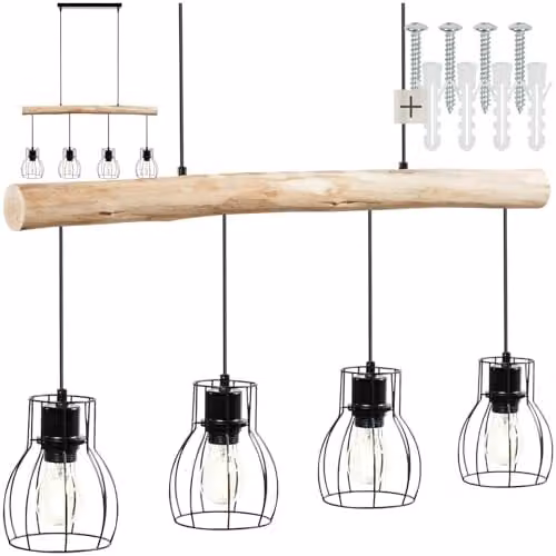 tectake Industrial Style Pendant Light with Wood Beam and 4 Black Cage Lampshades, Adjustable Height, Black and Wood – 1
