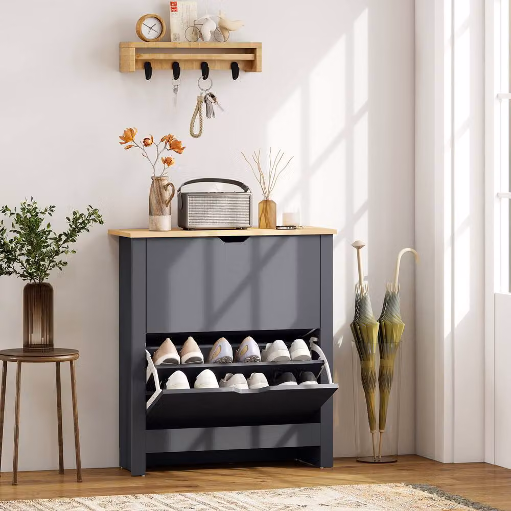 HOMCOM 12-Shoe Storage Cabinet with 4 Shelves and 2 Drawers in Anthracite Grey – 2