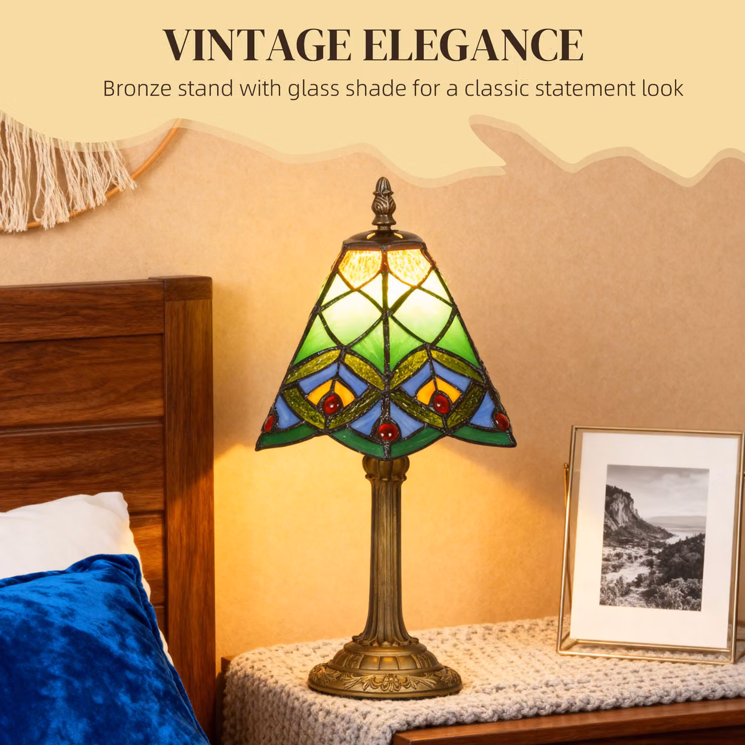 HOMCOM Tiffany-Style Stained Glass Table Lamp in Green and Bronze with E27 Socket – 4