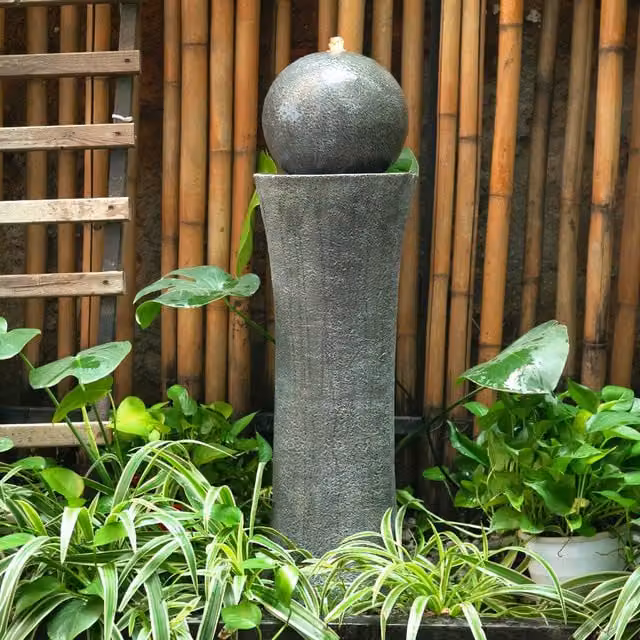 Livingandhome Grey Rustic Round Freestanding Stone and Fibreglass Fountain with LED Lights