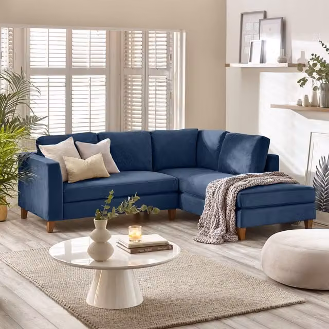 FurnitureboxUK Foster L-Shaped Corner Living Room Sofa Set in Navy Blue Velvet Fabric