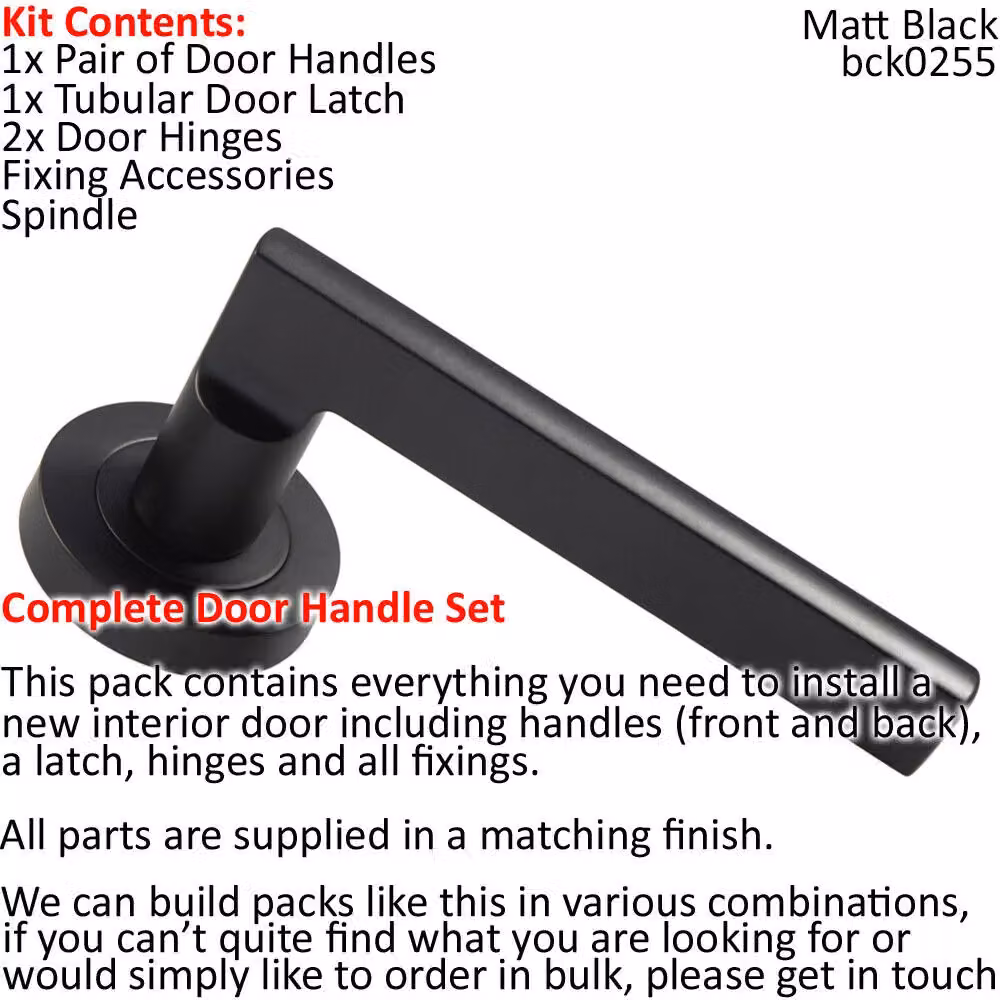 Loops Matt Black Door Handle and Latch Pack with Plinth Mounted Bar and Screwless Round Rose – 2