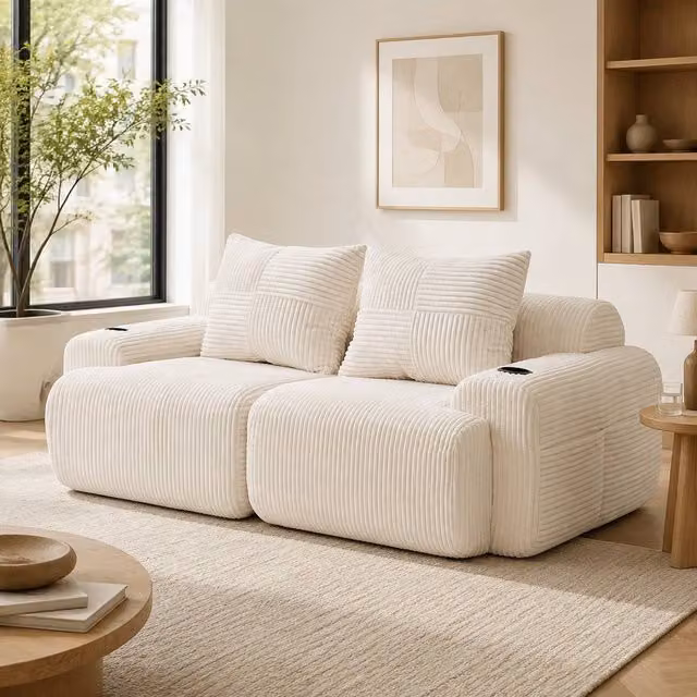 STILVORA 2-Seater Upholstered Sofa in Beige with Cup Holder and Side Pocket, W: 200 cm, D: 80 cm, H: 80 cm