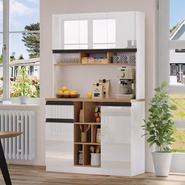 Rolipo High Gloss Tall Kitchen Buffet Sideboard in White with Internal Drawers and Shelves – 1