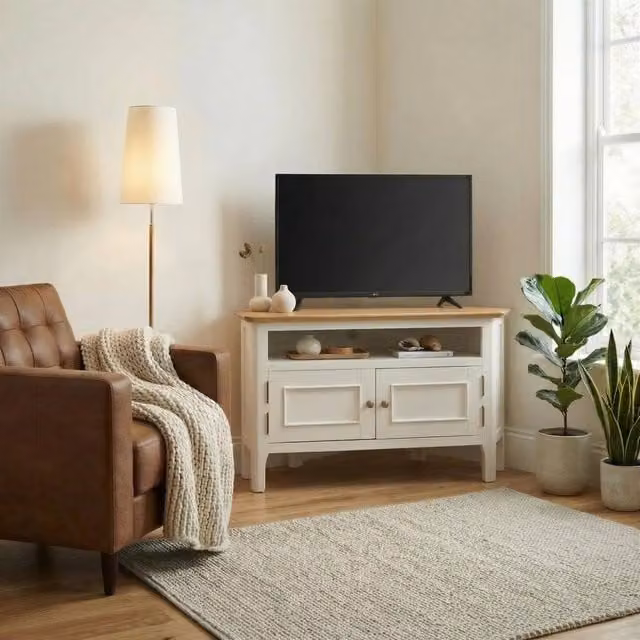 FurnitureboxUK Belle Classic Oak and Beige Corner TV Stand
