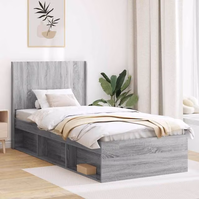 Berkfield Home Modern Bed Frame with Headboard and Side Compartment Storage, Grey, W/D/H: 90 x 190 cm – 1