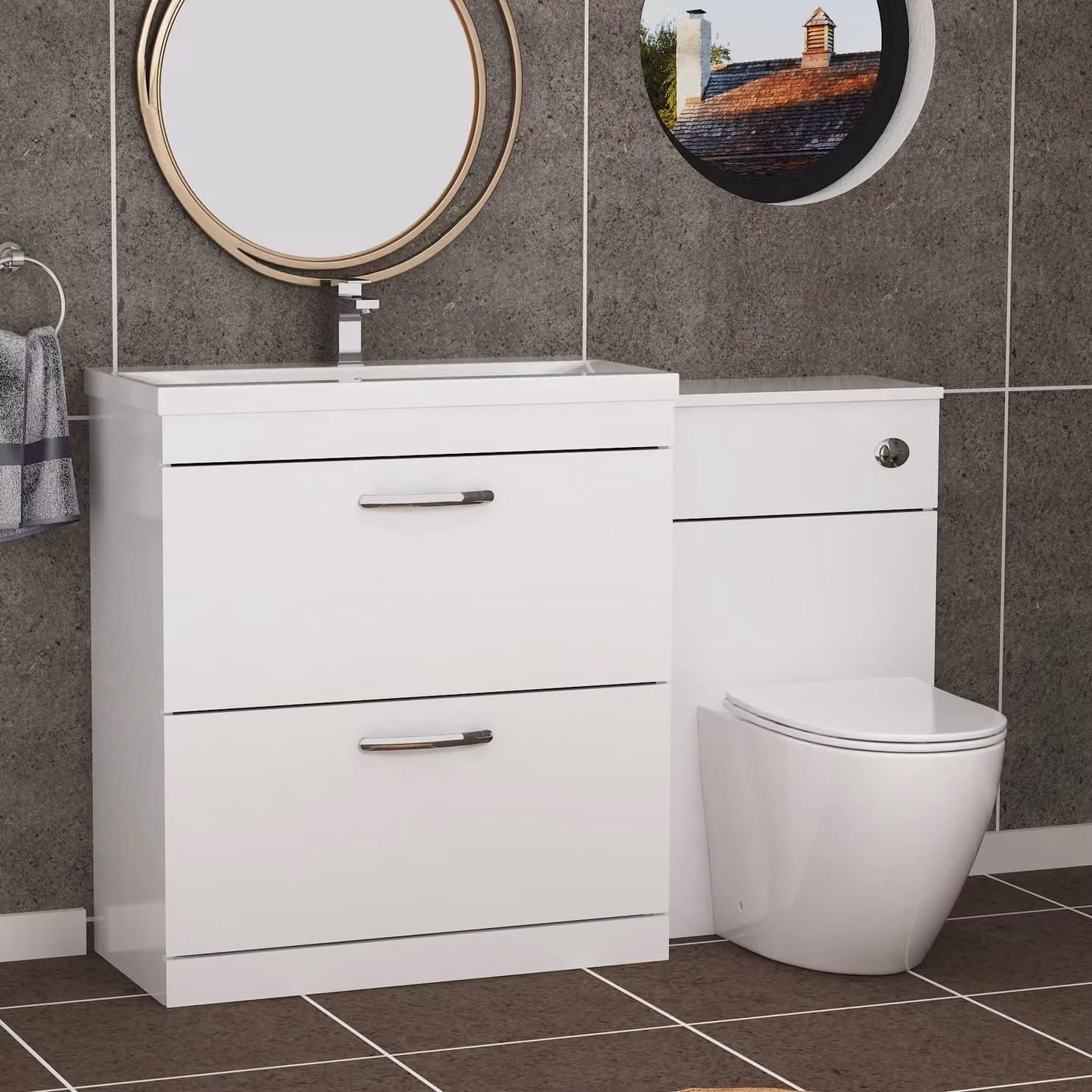 Royal Bathrooms Gloss White 1300mm 2 Drawer Furniture Pack with Mid Edge Basin and Slim Elva Back to Wall Toilet