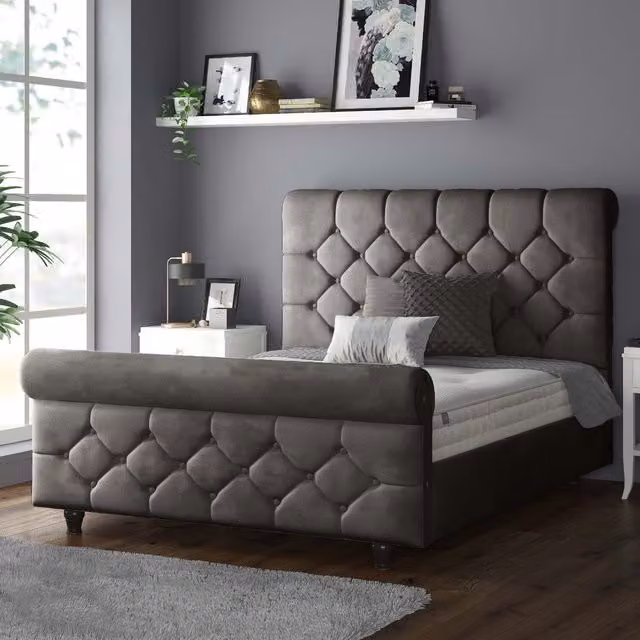 IH Design Jasmine Chesterfield Upholstered Velvet Bed Frame in Anthracite Grey, W/D/H: 180 x 200 cm