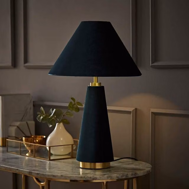 ValueLights Martha Conical Velvet Table Lamp in Blue and Gold/Brass