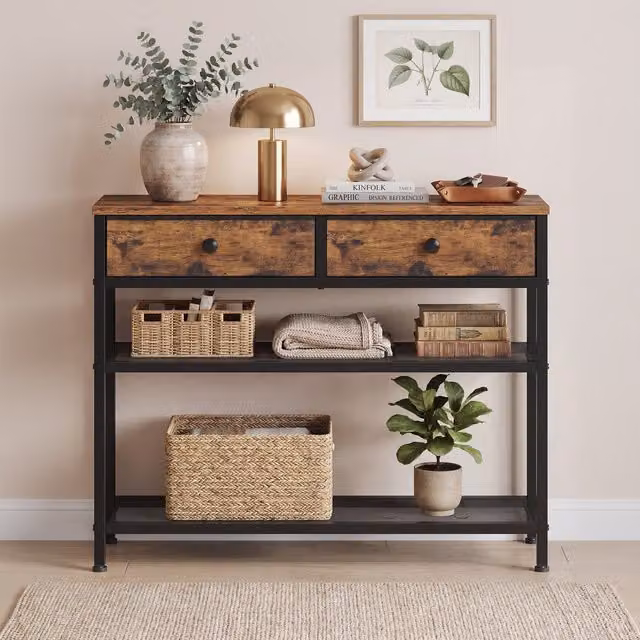 SONGMICS Modern Console Table with Drawers and Mesh Shelves, Brown, W: 78.7 cm, D: 30.0 cm, H: 76.7 cm