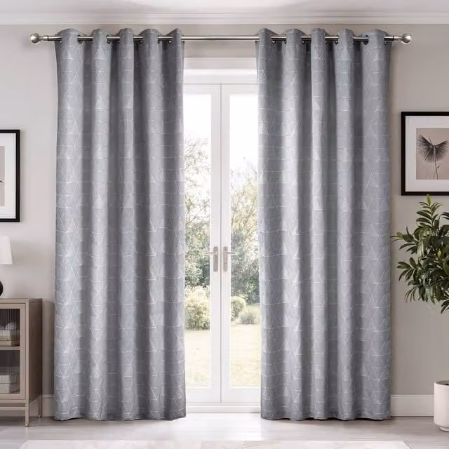 New Edge Blinds Siena Geometric Unlined Jacquard Eyelet Curtains in Silver Grey, Width: 228 cm, Height: 228 cm