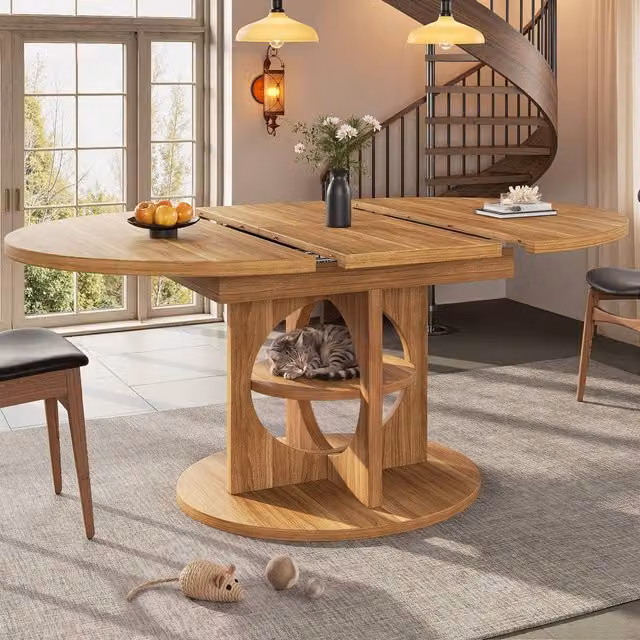 Merax Round Extendable Pedestal Dining Table in Brown