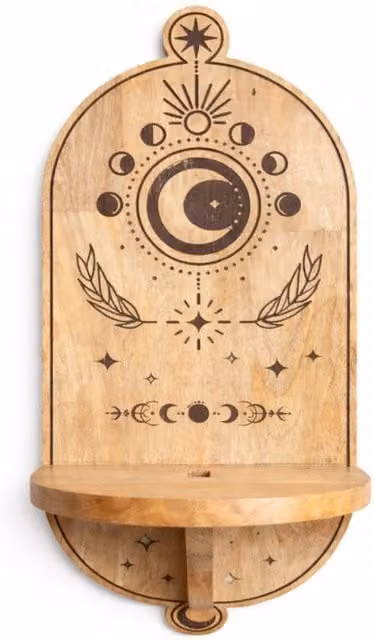 KDMD Moon Phase and Carved Tree Arch Wooden Wall Shelf in Brown
