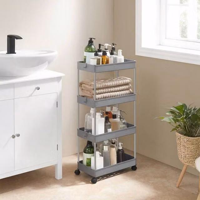SONGMICS Slim Metal Storage Trolley with 4 Baskets and Wheels, Grey, H 86.0 x W 23.6 x D 23.6 cm