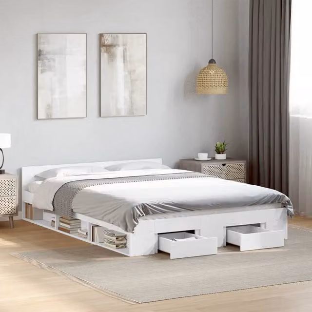 Berkfield Home Modern Double Bed Frame with Drawers in White, W: 135 cm, L: 190 cm – 1