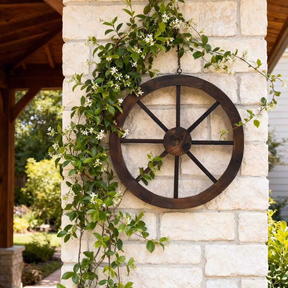 Costway Set of 2 Rustic Wood Wagon Wheels Vintage Wall Hanging Decoration, Brown, Diameter: 60.96 cm – 4