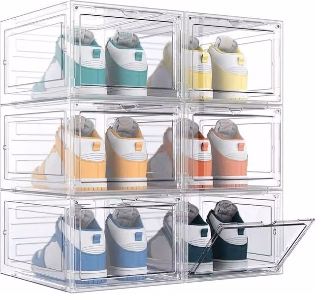 EONLION 6 Pack Transparent Stackable Shoe Storage Boxes in White and Clear Acrylic Plastic – 1