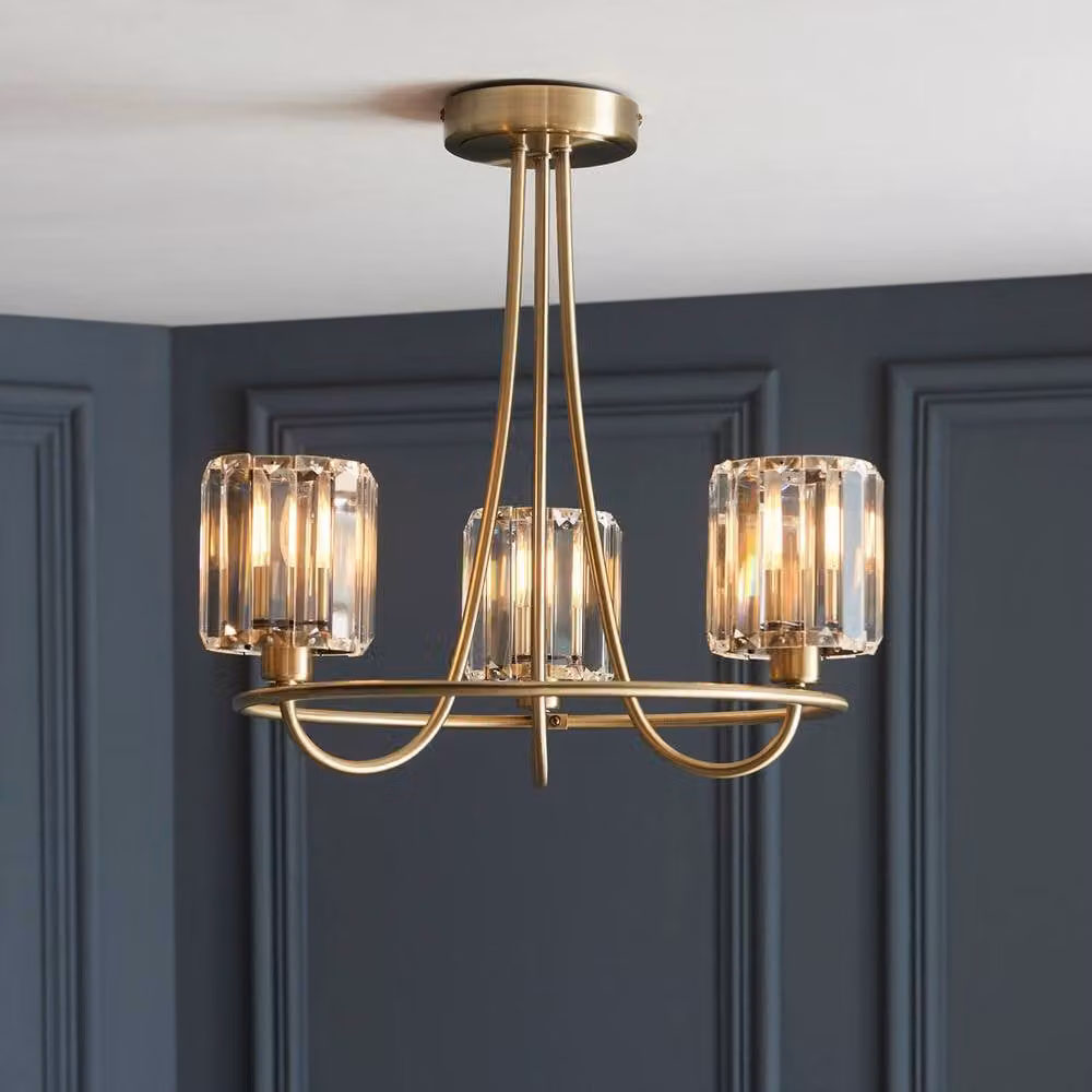 Netlighting Berenice 3 Light Semi Flush Ceiling Lamp with Transparent Glass Shades in Gold and Brass – 2
