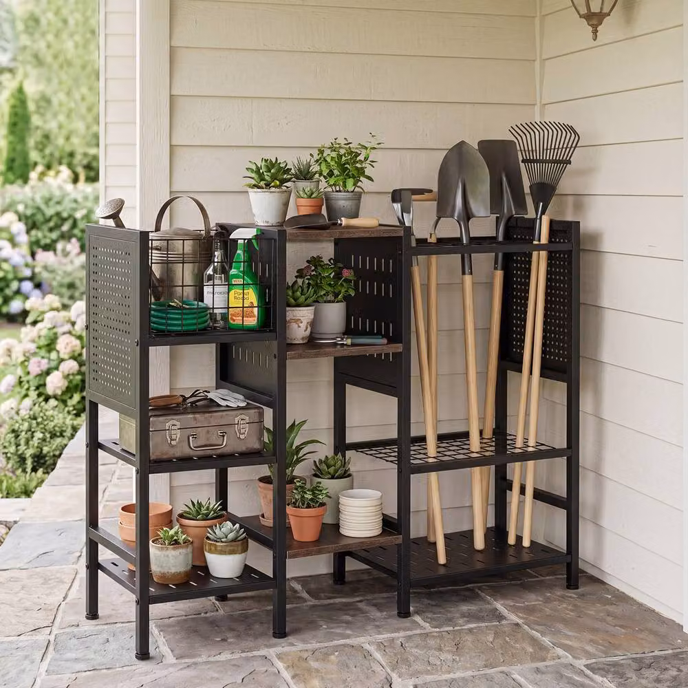 Costway 3-Tier Garden Tool Organizer with Shelves and Yard Storage Rack in Black – 6