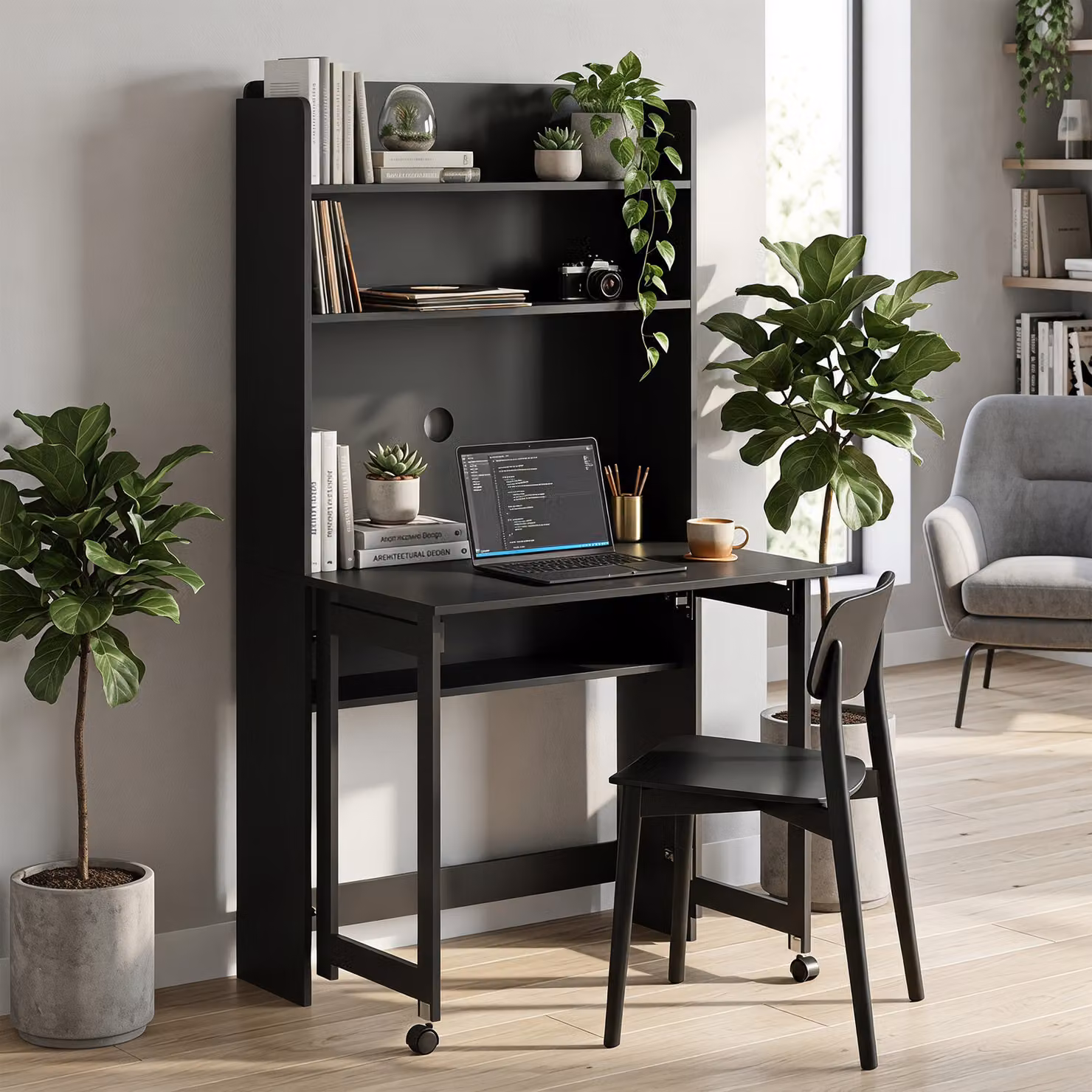 HOMCOM Modern Black Foldable Computer Desk with Storage Shelves, W: 80 cm, D: 69 cm, H: 155 cm – 7