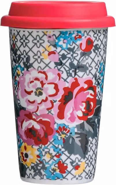 Orsina Floral Ceramic Double Walled Travel Mug with Silicone Lid, Multicolour – 1