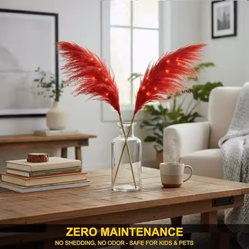 SHATCHI Red Prelit Pampas Grass Stem with Warm White LEDs, 100 cm Artificial Textile Flower for Christmas and Boho Decor – 2