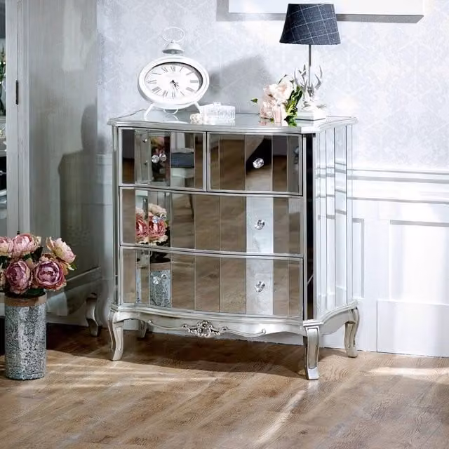 Melody Maison Tiffany Range Mirrored Chest Of Drawers in Metallic Silver
