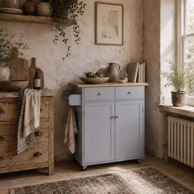 Wyld Haus Grey Rolling Kitchen Island with Rubberwood Top and Drawers, W/D/H: 90 x 52 x 48 cm
