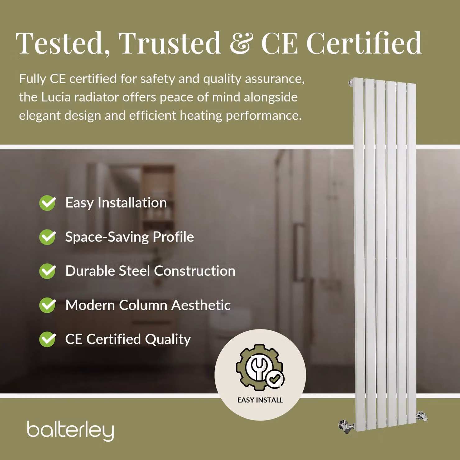 Balterley Lucia Square Vertical Single Panel Radiator, White, H 180 cm x W 35.4 cm – 3