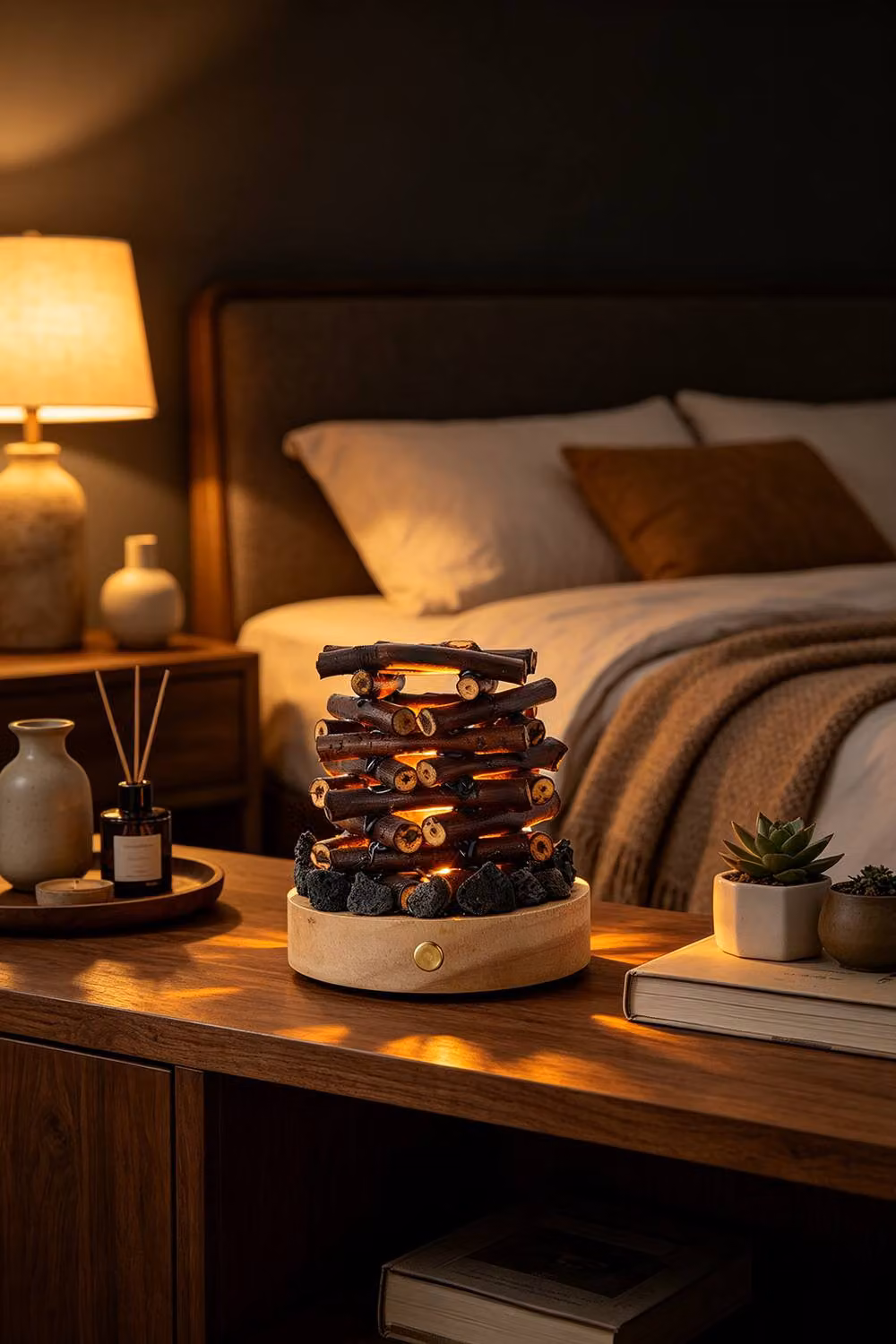 Living and Home Rechargeable LED Campfire Night Light in Brown Wood with Three Modes – 2