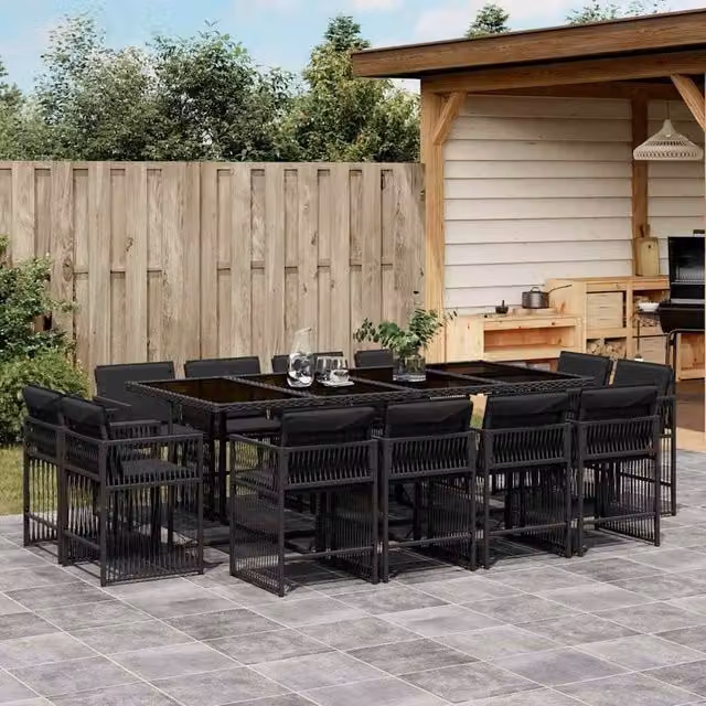 Berkfield Home 13 Piece Black Poly Rattan Garden Dining Set with Cushions and Glass Tabletop – 1