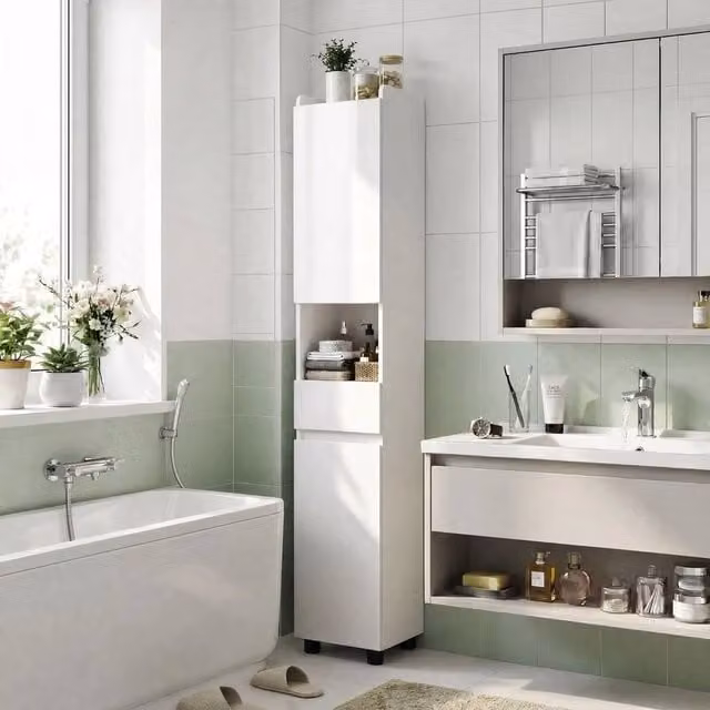 EONLION Tall Slim White Glossy Bathroom Cabinet with Adjustable Internal Shelves, H 170 x W 30 x D 30 cm – 1