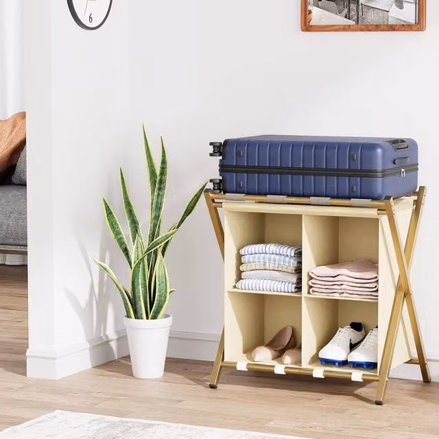 Huhote 2-Tier Metal Luggage Rack with Storage Shelf in Gold