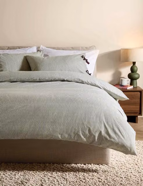 MADE Ansel Striped Pure Cotton Bedding Set, Green, W: 140 cm, H: 200 cm
