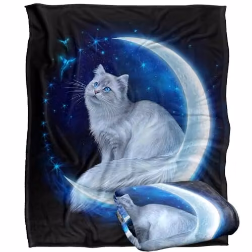 JQ Licensing En Cat In The Moon Silky Touch Super Soft Throw Blanket, White, W/D: 152 x 127 cm – 1