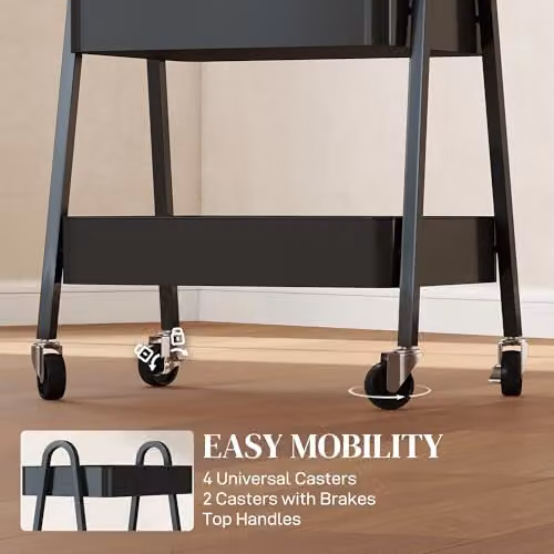 HOMCOM 3-Tier Metal Utility Storage Trolley with Wheels and Handles, Black – 3