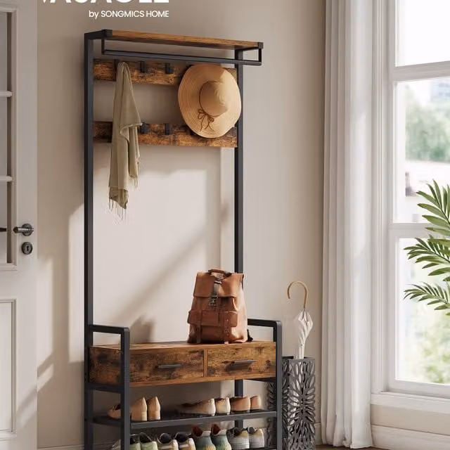 VASAGLE Industrial Hall Tree with Bench and Storage in Bronze and Brown