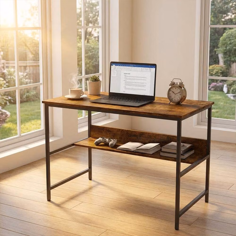 Ventryn 2-Tier Industrial Writing Computer Desk with Metal Frame and Storage in Brown – 3