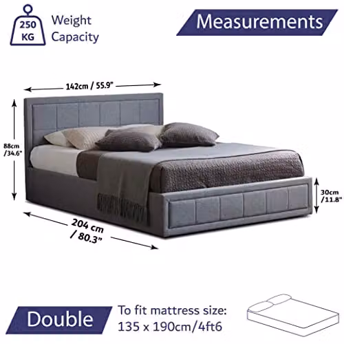 Home Treats Grey Fabric Upholstered Side Lift Up Ottoman Bed Frame Double W/D/H: 140 x 200 x 42 cm – 2