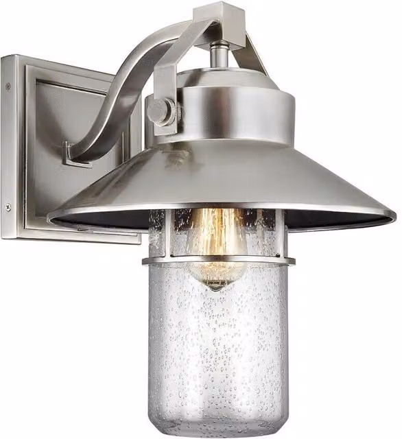 Loops Silver Brushed Steel Outdoor IP44 Wall Lantern with Transparent Glass and E27 LED Bulb, H: 39.0 cm, W: 36.5 cm, D: 36.5 cm