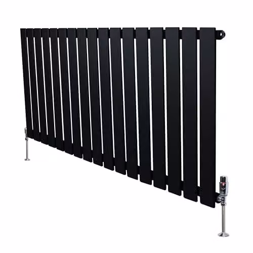 Monster Shop Black Carbon Steel Flat Single Column Radiator with Chrome TRV Valves and Wall Brackets, H: 600 mm x W: 1190 mm