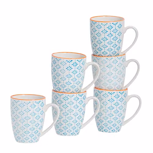 Nicola Spring Floral Hand-Printed Porcelain Mugs, Blue, Pack of 6, 330ml