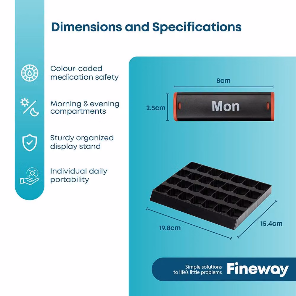FINEWAY 28 Day Monthly Pill Organiser with Morning and Evening Stand in Black and Multicolour – 8