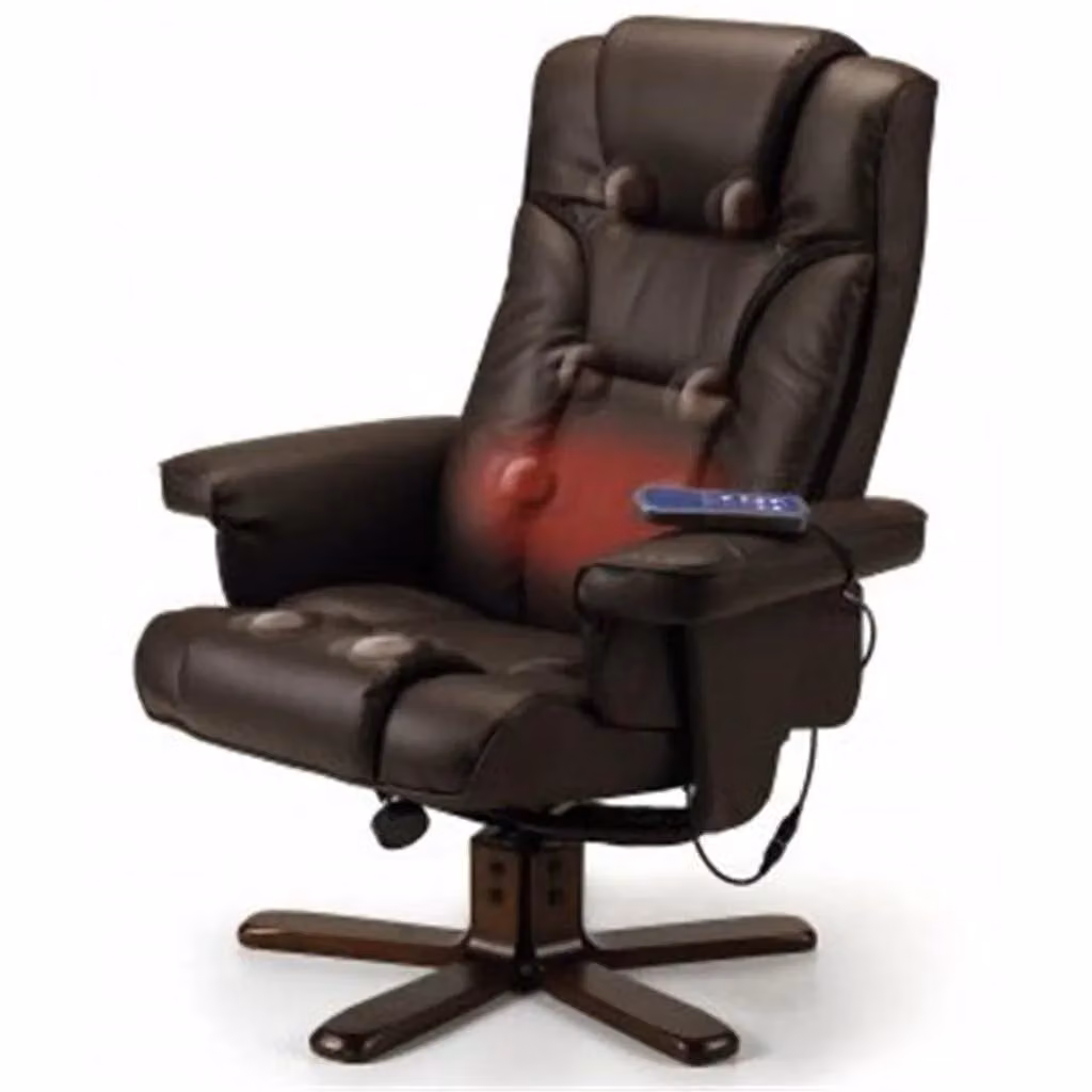 Ashfield Black Faux Leather Reclining Swivel Massage Chair with Footstool and Walnut Wood Accents – 2