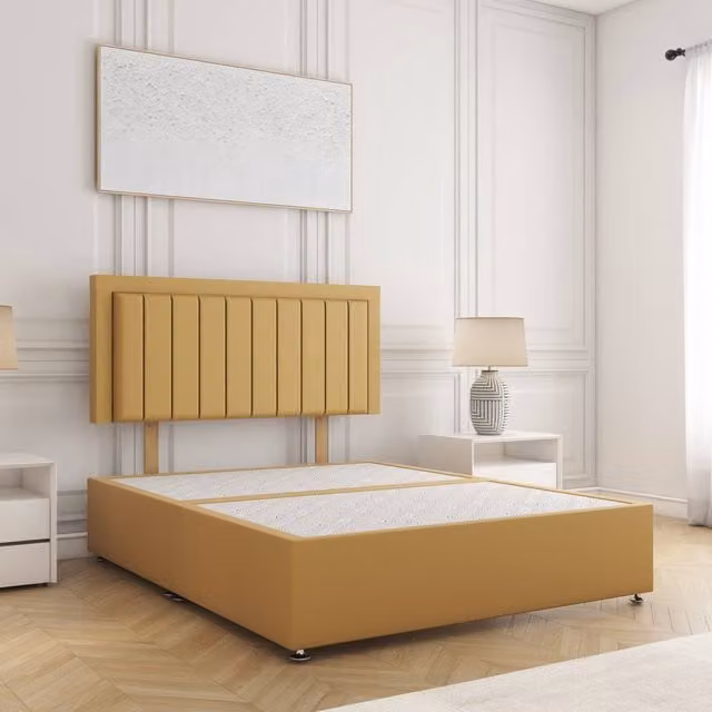 BSSPOKE Zarah Small Double Divan Bed Set with 24 inch Headboard in Mustard Plush Velvet