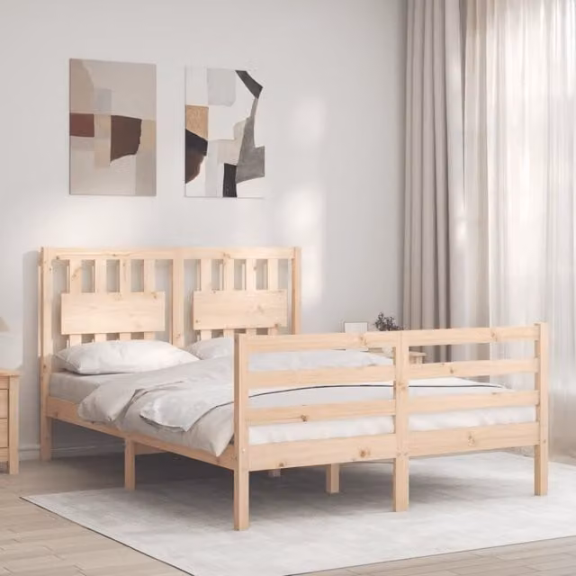 Berkfield Home Solid Wood Pine Bed Frame with Headboard in Brown, W/D/H: 120 x 200 cm