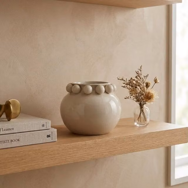 Garden Greatness Botanical Bouly Vase Decoration in Sand Stone, Round Tabletop Floral Vase, H 13.0 cm x W 13.0 cm x D 13.0 cm