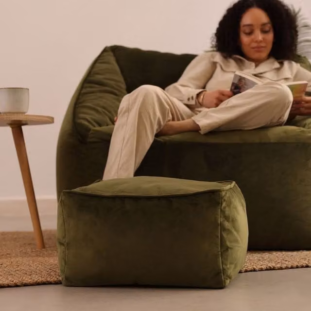 icon Amara Velvet Square Footstool Bean Bag in Green – 1